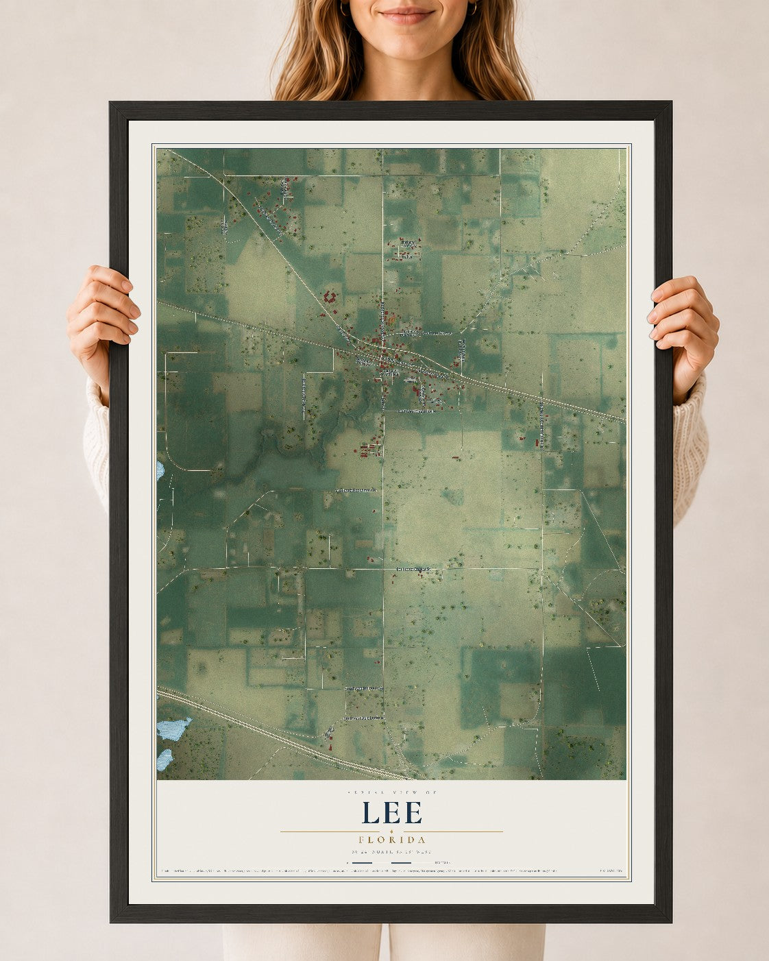 Lee, Florida map print, 24" x 36" W/ Black Ayous Wood Frame mockup