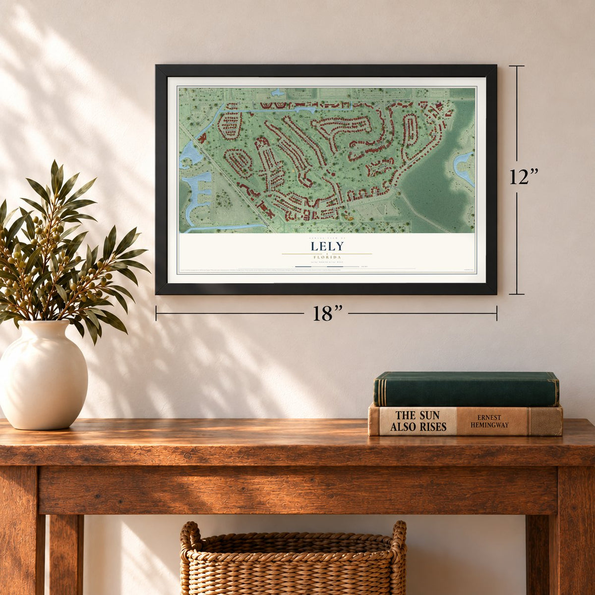 Lely, Florida map, 12 x 18 inch print in a black frame in an entryway