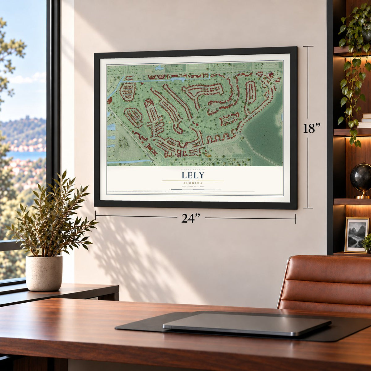 Lely, Florida map, 18 x 24 inch print in a black frame in a home office