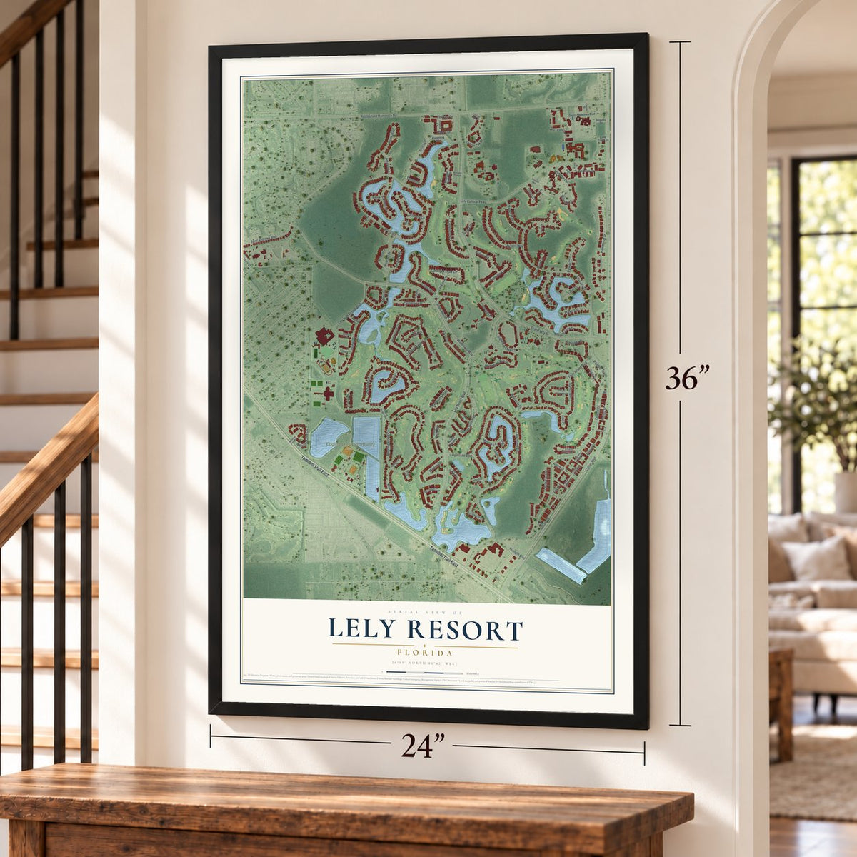 Lely Resort, Florida map, 24 x 36 inch print in a black frame by a staircase