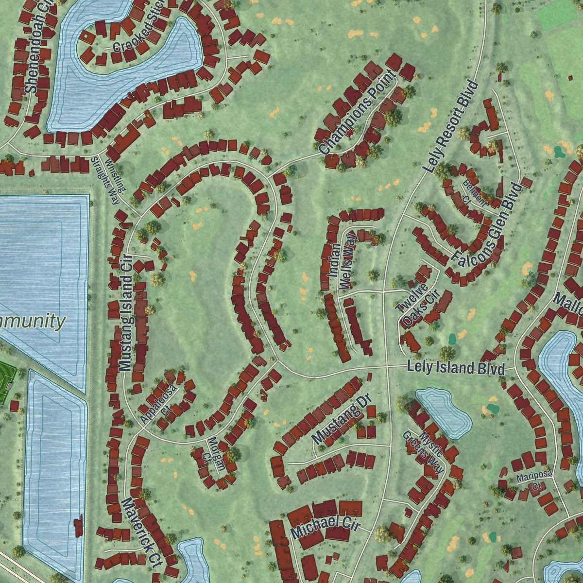 Close-up of the map of Lely Resort, Florida print showing street and building detail