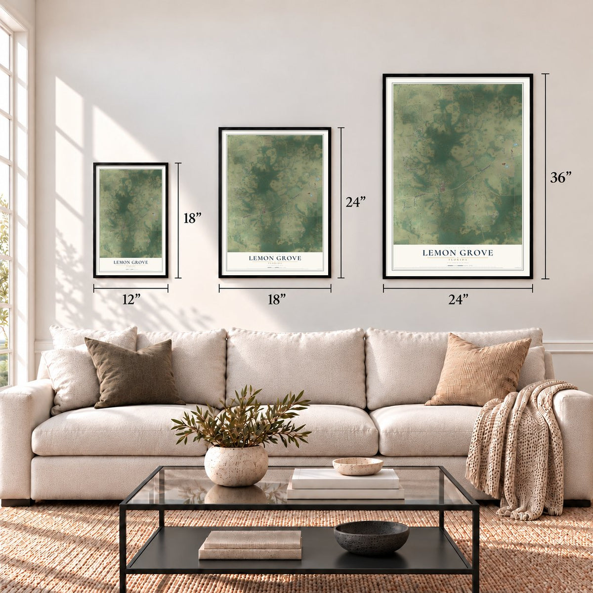 Lemon Grove, Florida map in 12 x 18, 18 x 24 and 24 x 36 inch sizes above a sofa