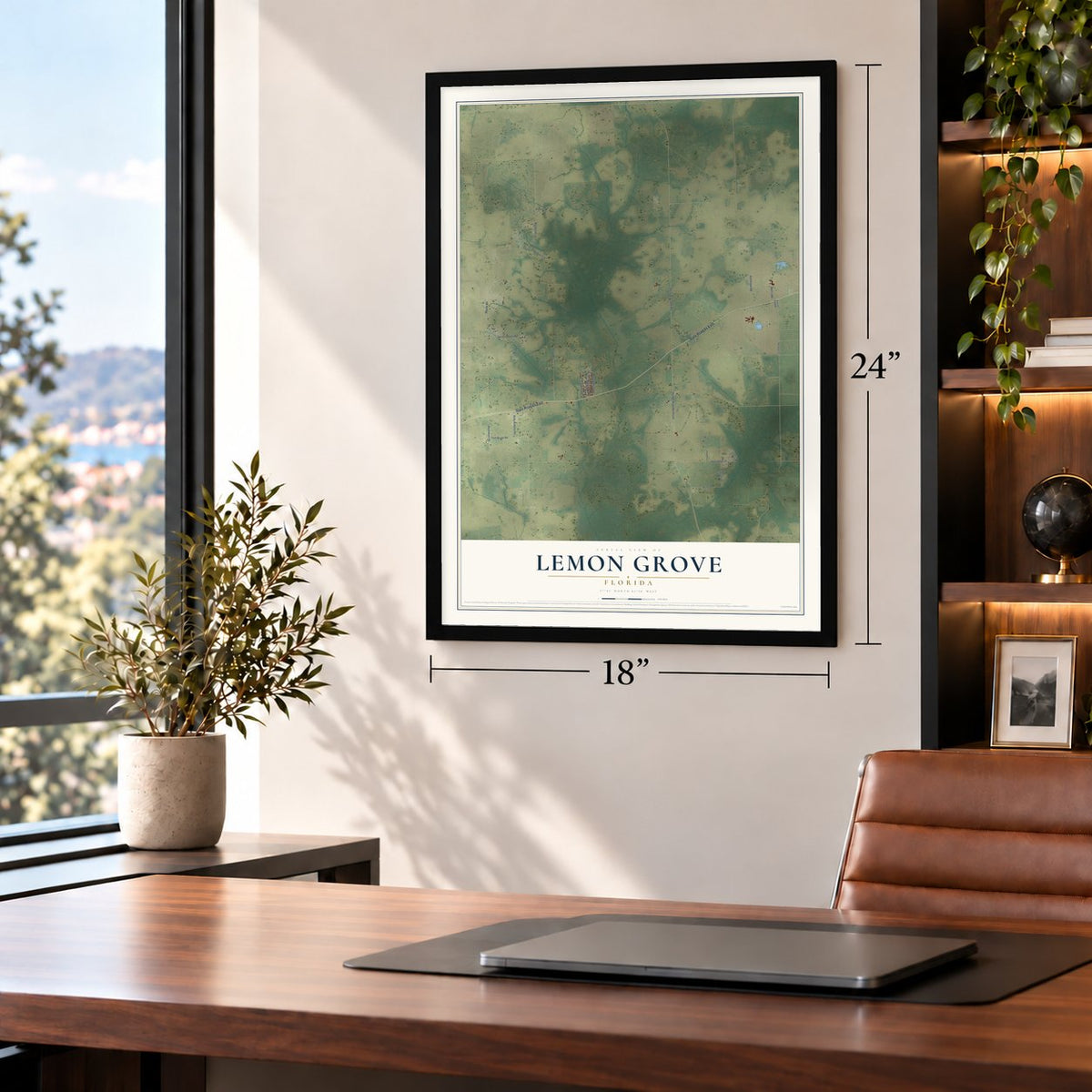 Lemon Grove, Florida map, 18 x 24 inch print in a black frame in a home office