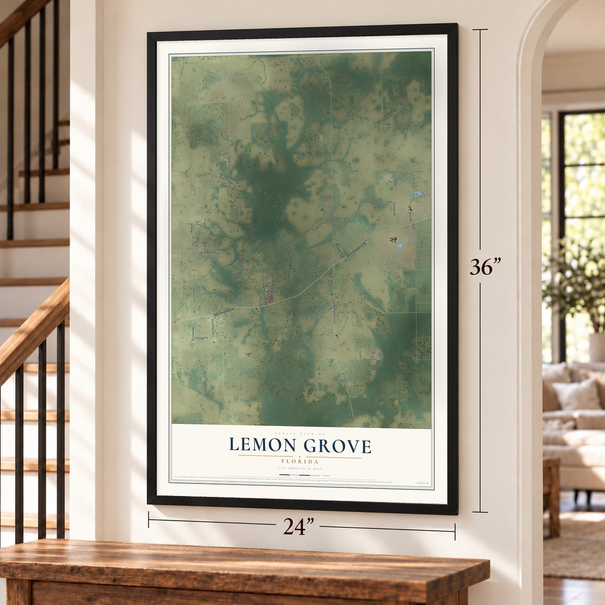 Lemon Grove, Florida map, 24 x 36 inch print in a black frame by a staircase