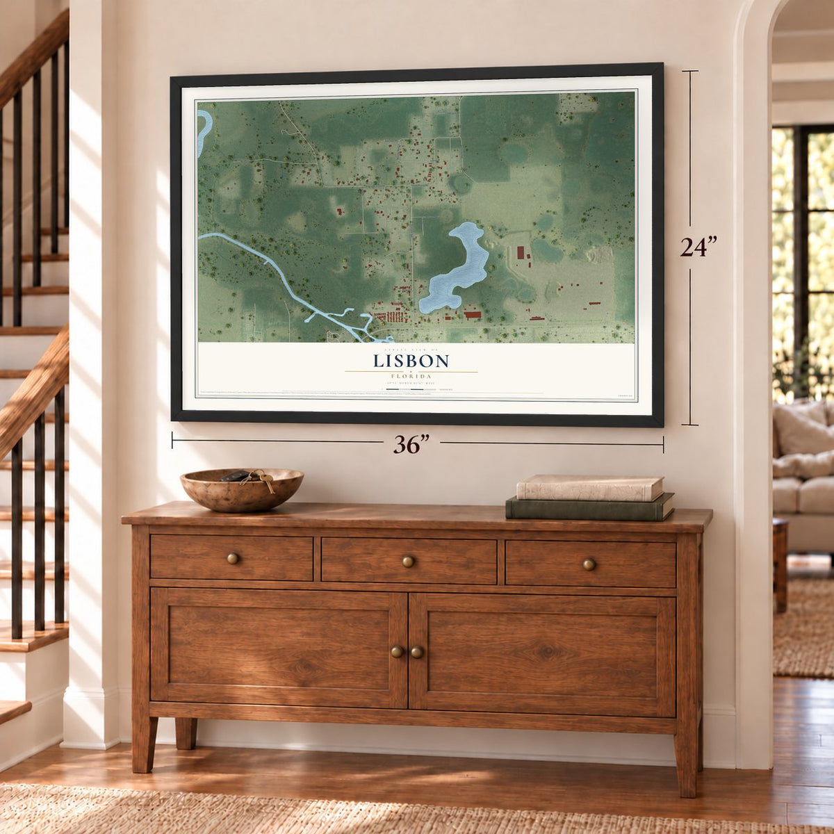 Lisbon, Florida map, 24 x 36 inch print in a black frame above a dresser by a staircase