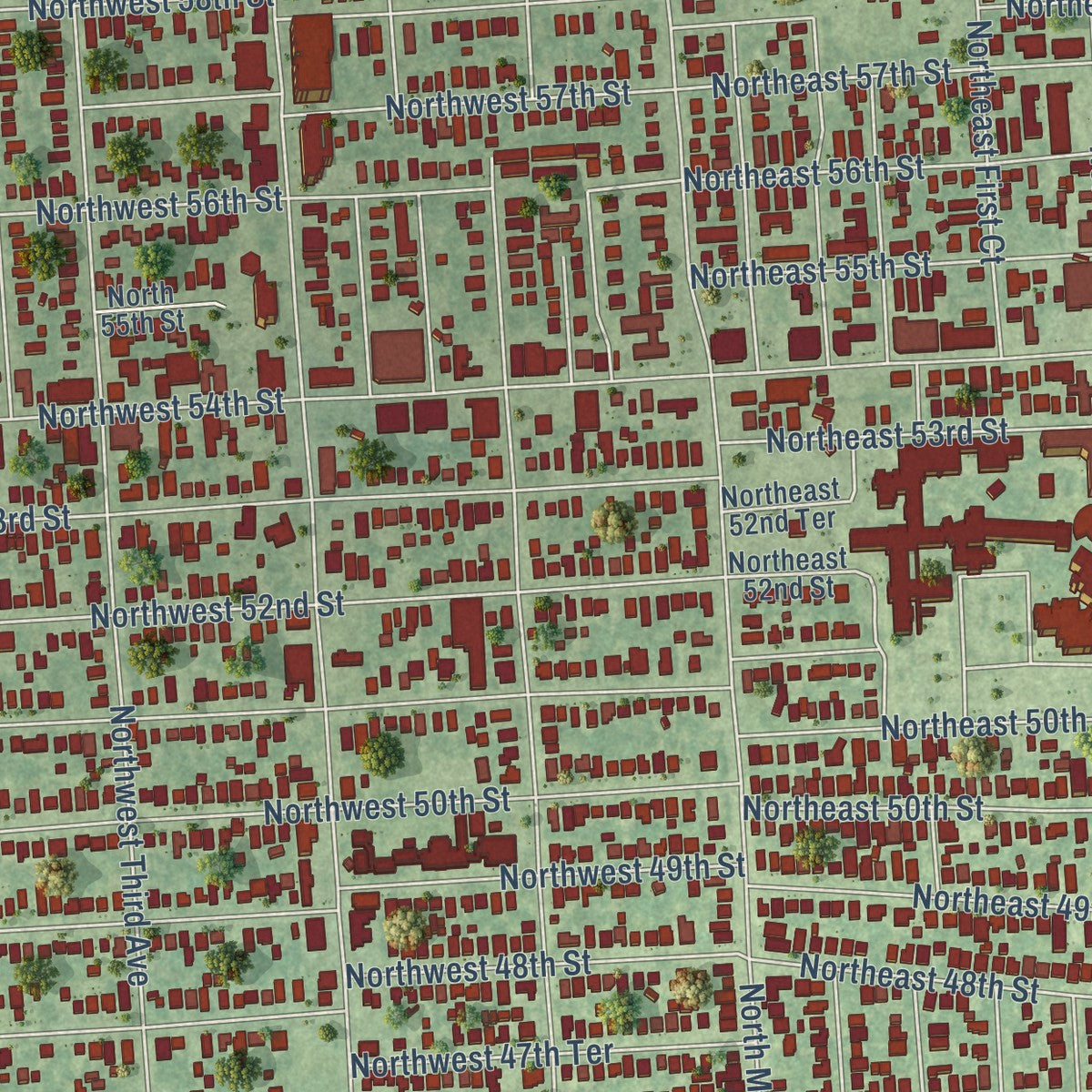 Close-up of the map of Little Haiti, Florida print showing street and building detail