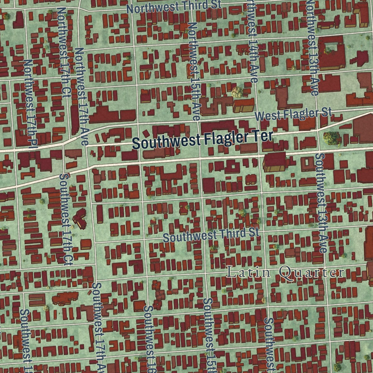 Close-up of the map of Little Havana, Florida print showing street and building detail