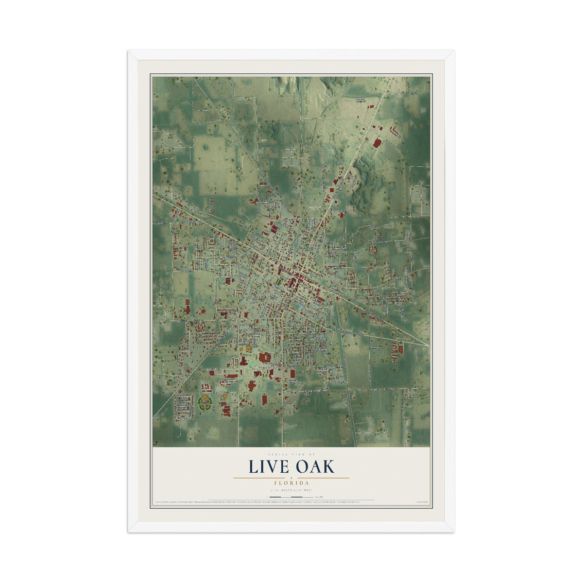 Live Oak, Florida map print, 12" x 18" W/ White Ayous Wood Frame mockup