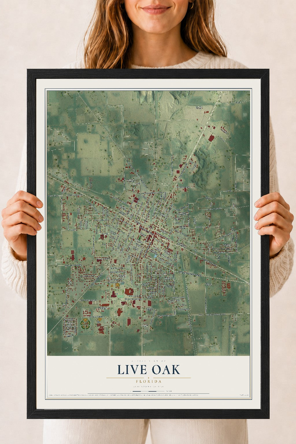 Live Oak, Florida map print, 18" x 24" W/ Black Ayous Wood Frame mockup