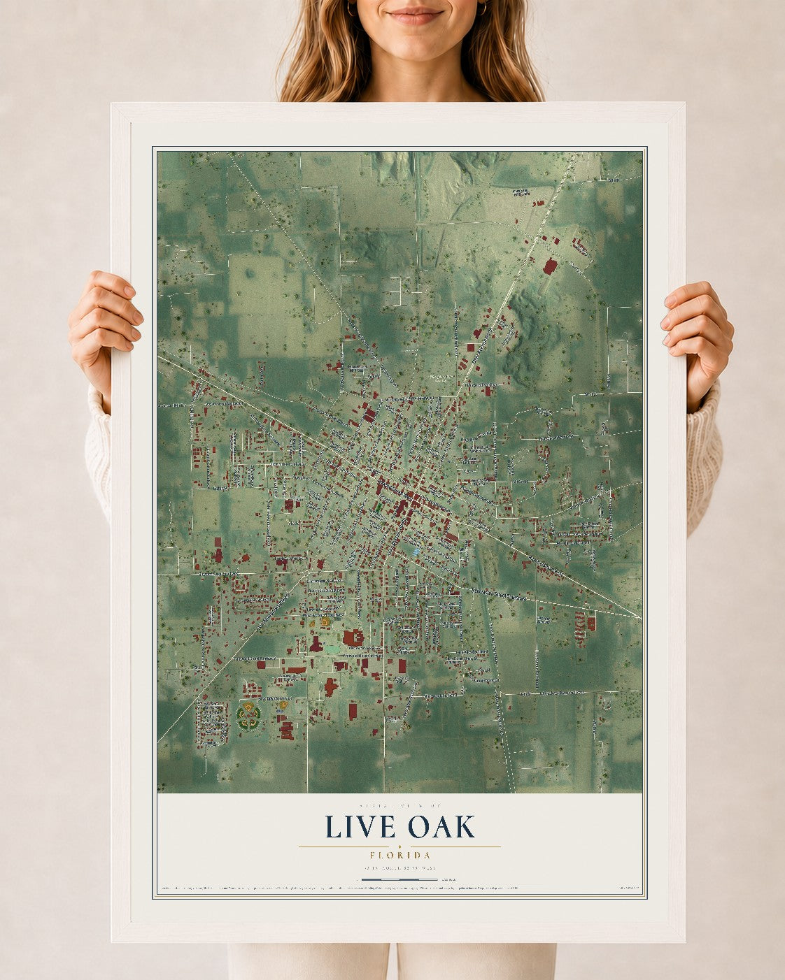 Live Oak, Florida map print, 24" x 36" W/ White Ayous Wood Frame mockup