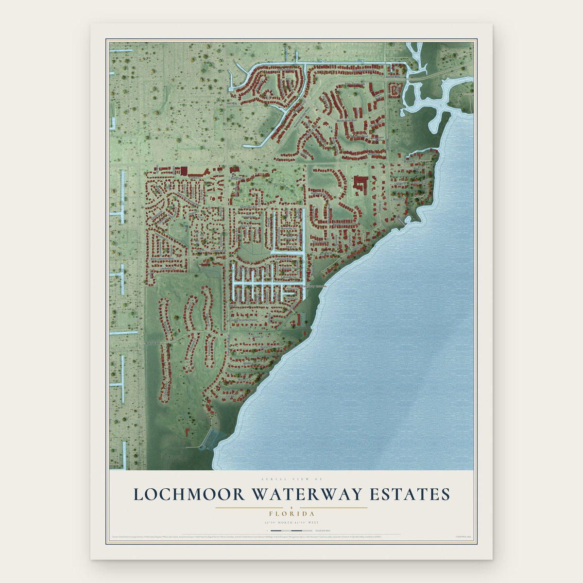 Lochmoor Waterway Estates, Florida map print, the full design