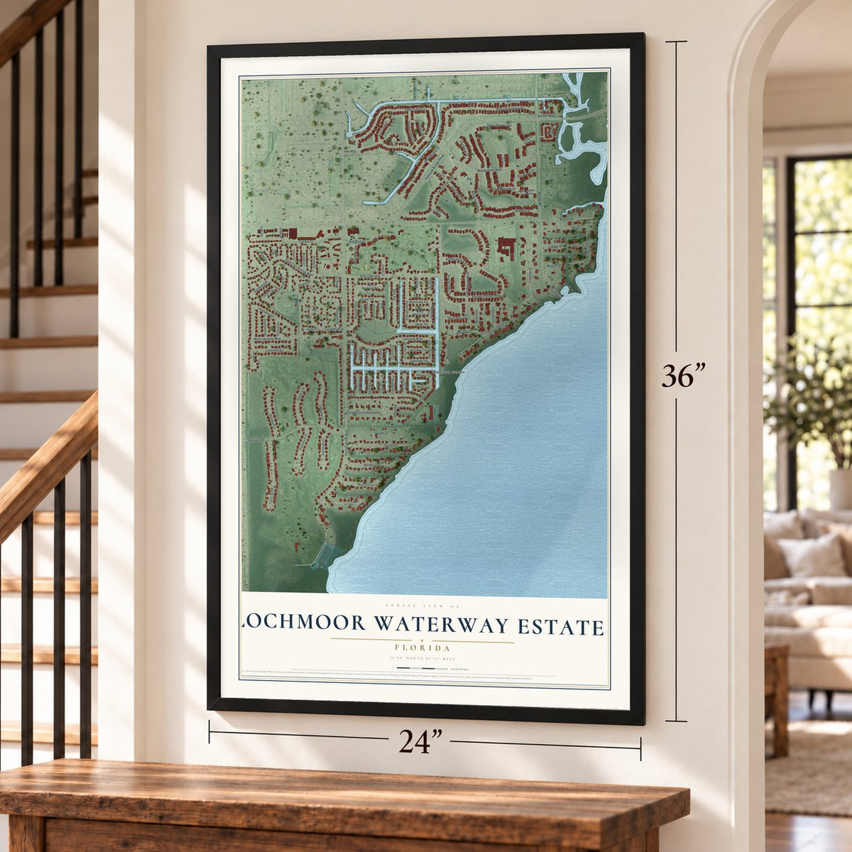 Lochmoor Waterway Estates, Florida map, 24 x 36 inch print in a black frame by a staircase