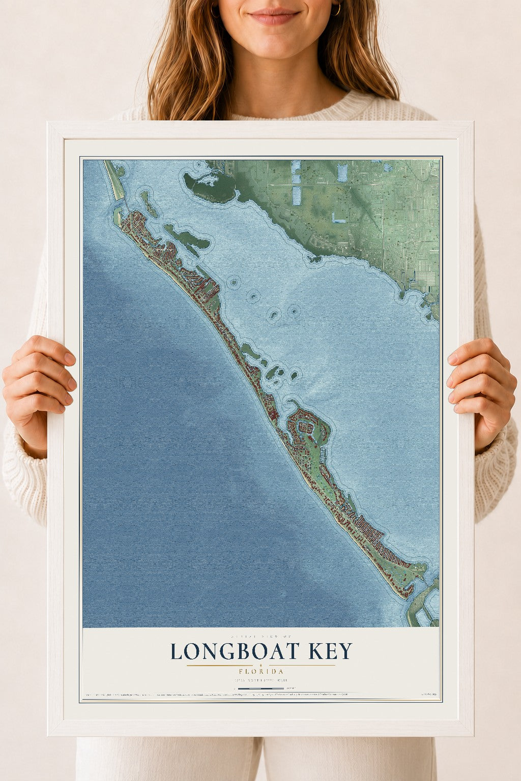 Longboat Key, Florida map print, 18" x 24" W/ White Ayous Wood Frame mockup