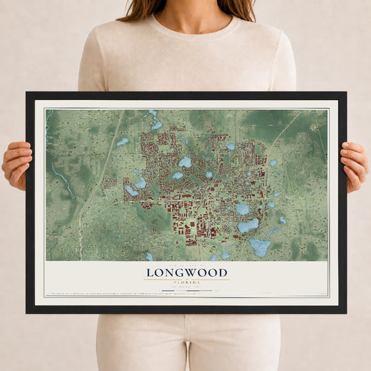 Map of Longwood, Florida, 12 x 18 inch print in a black wood frame