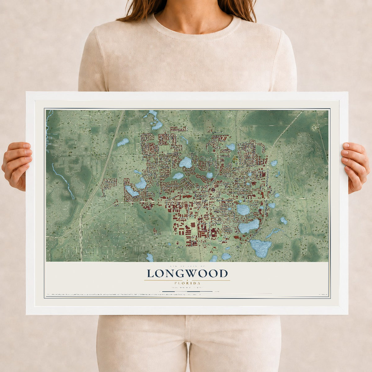 Longwood, Florida map print, 12" x 18" W/ White Ayous Wood Frame mockup