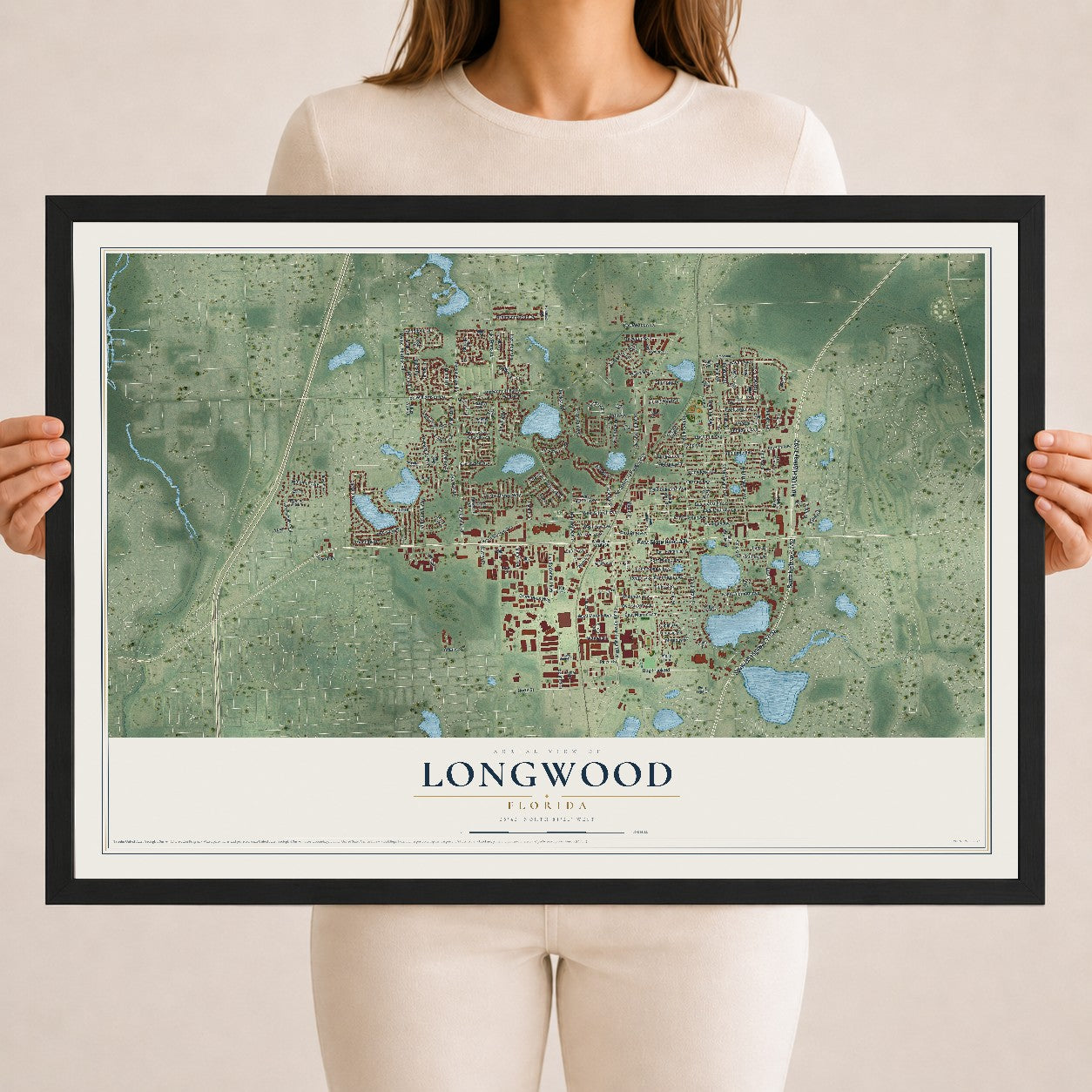Longwood, Florida map print, 18" x 24" W/ Black Ayous Wood Frame mockup