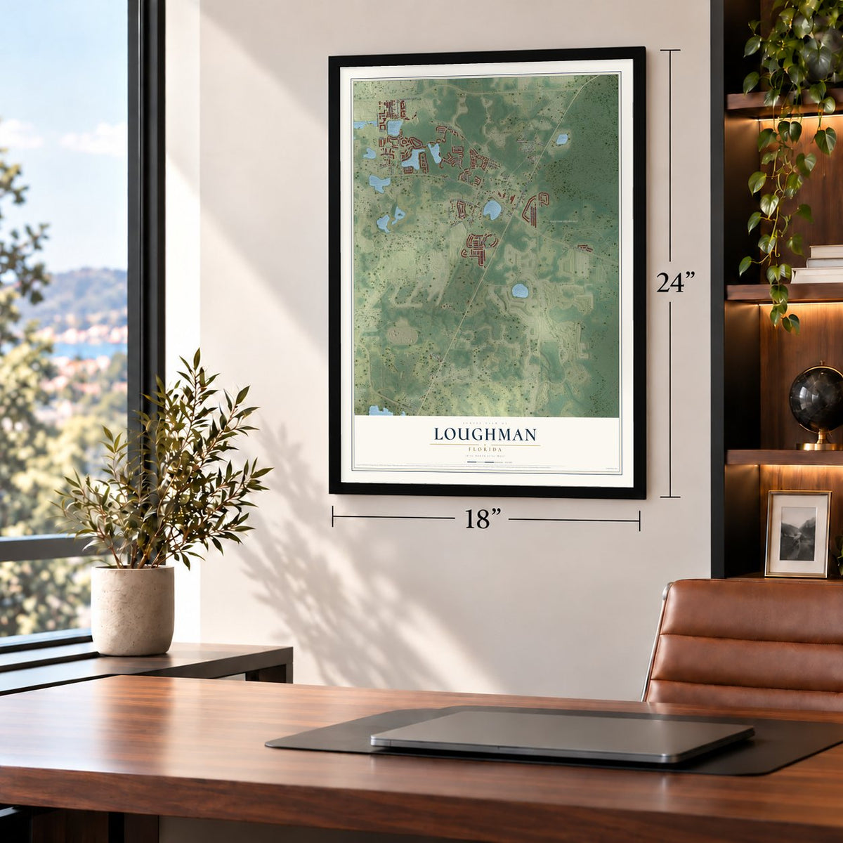 Loughman, Florida map, 18 x 24 inch print in a black frame in a home office
