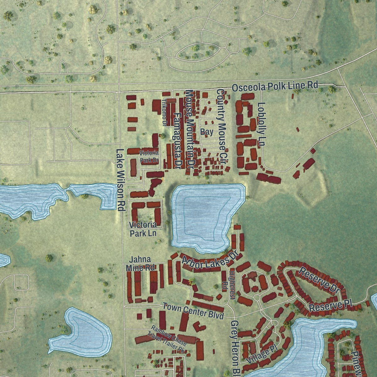 Close-up of the map of Loughman, Florida print showing street and building detail