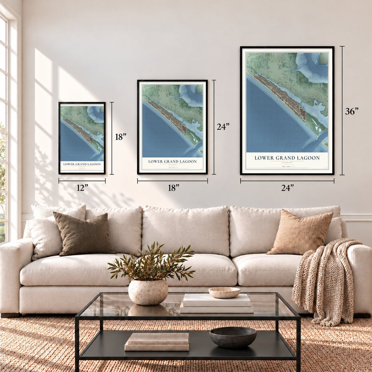 Lower Grand Lagoon, Florida map in 12 x 18, 18 x 24 and 24 x 36 inch sizes above a sofa