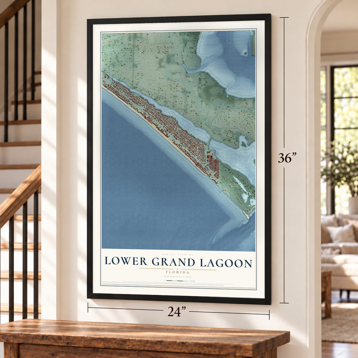 Lower Grand Lagoon, Florida map, 24 x 36 inch print in a black frame by a staircase