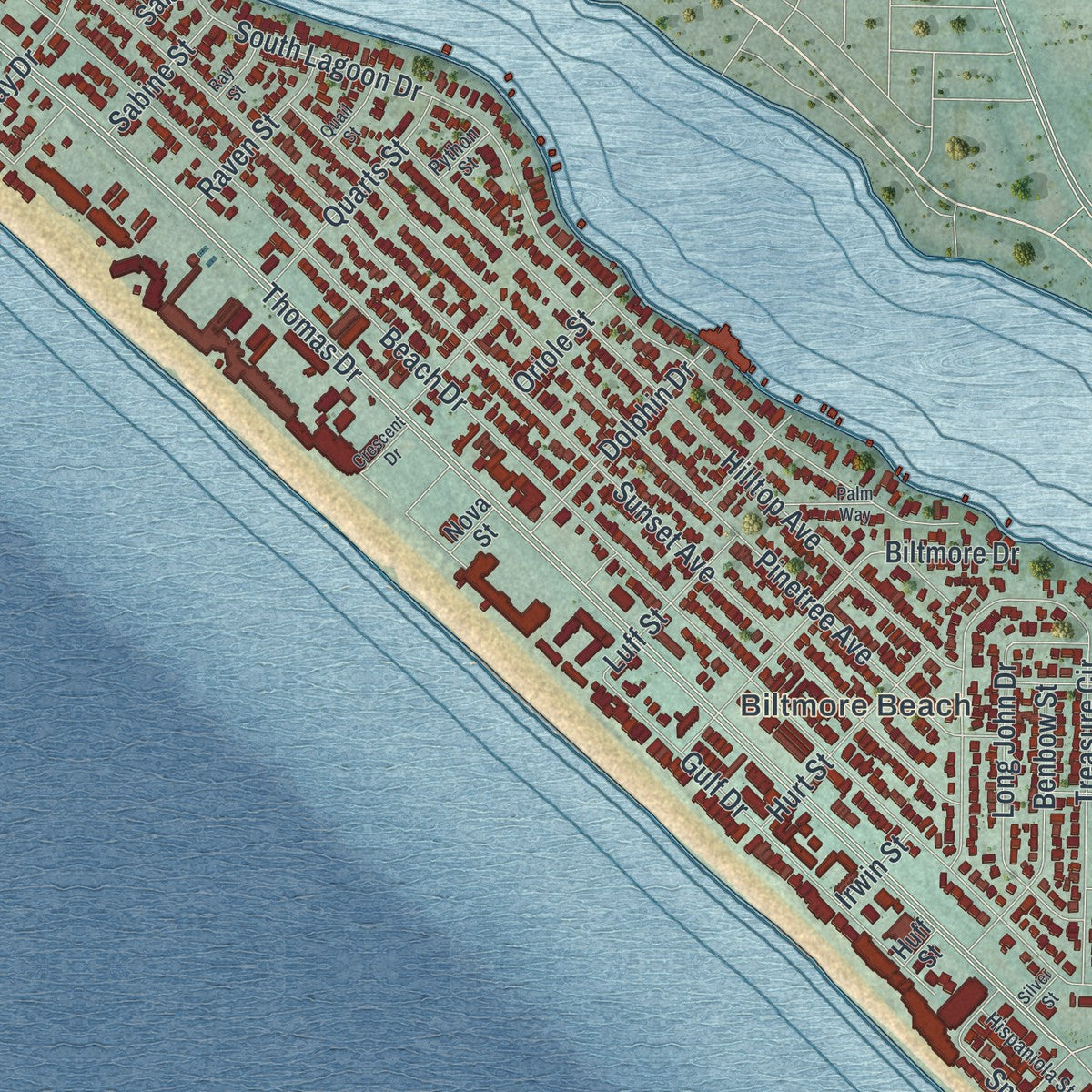 Close-up of the map of Lower Grand Lagoon, Florida print showing street and building detail
