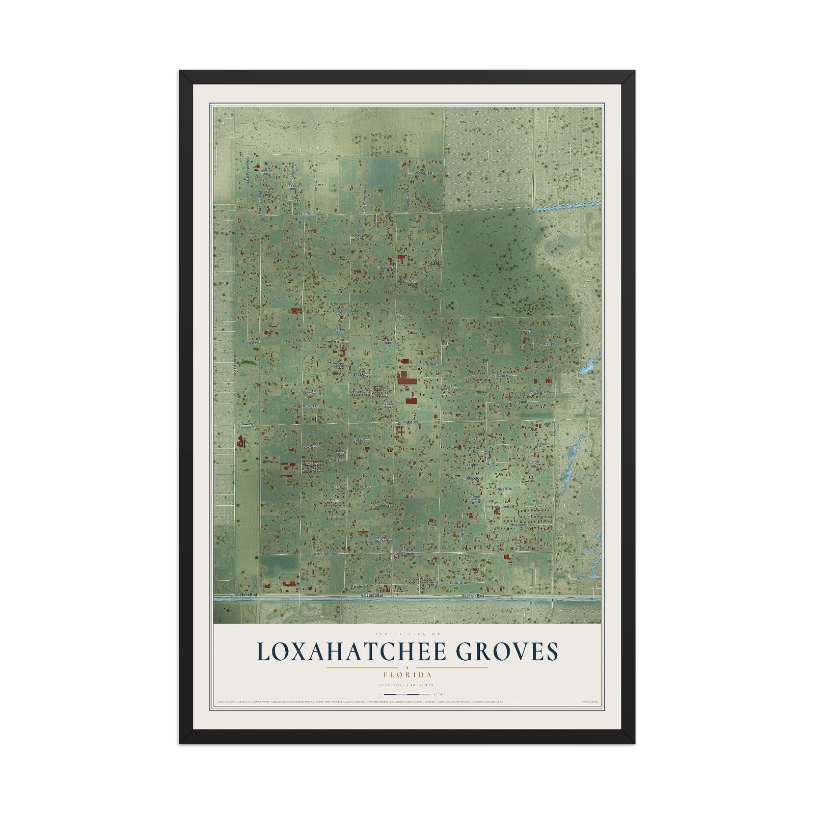 Loxahatchee Groves, Florida map print, 12" x 18" W/ Black Ayous Wood Frame mockup