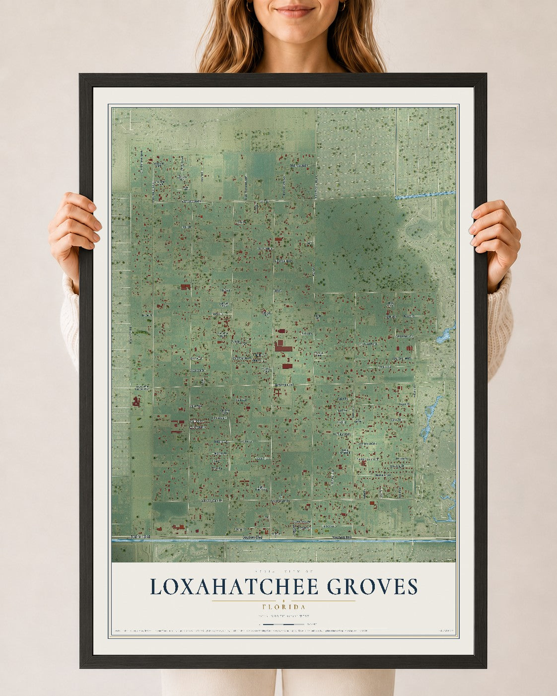 Loxahatchee Groves, Florida map print, 24" x 36" W/ Black Ayous Wood Frame mockup