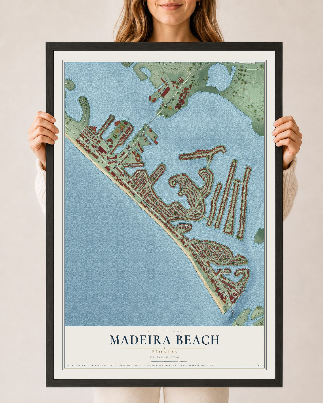 Madeira Beach, Florida map print, 24" x 36" W/ Black Ayous Wood Frame mockup