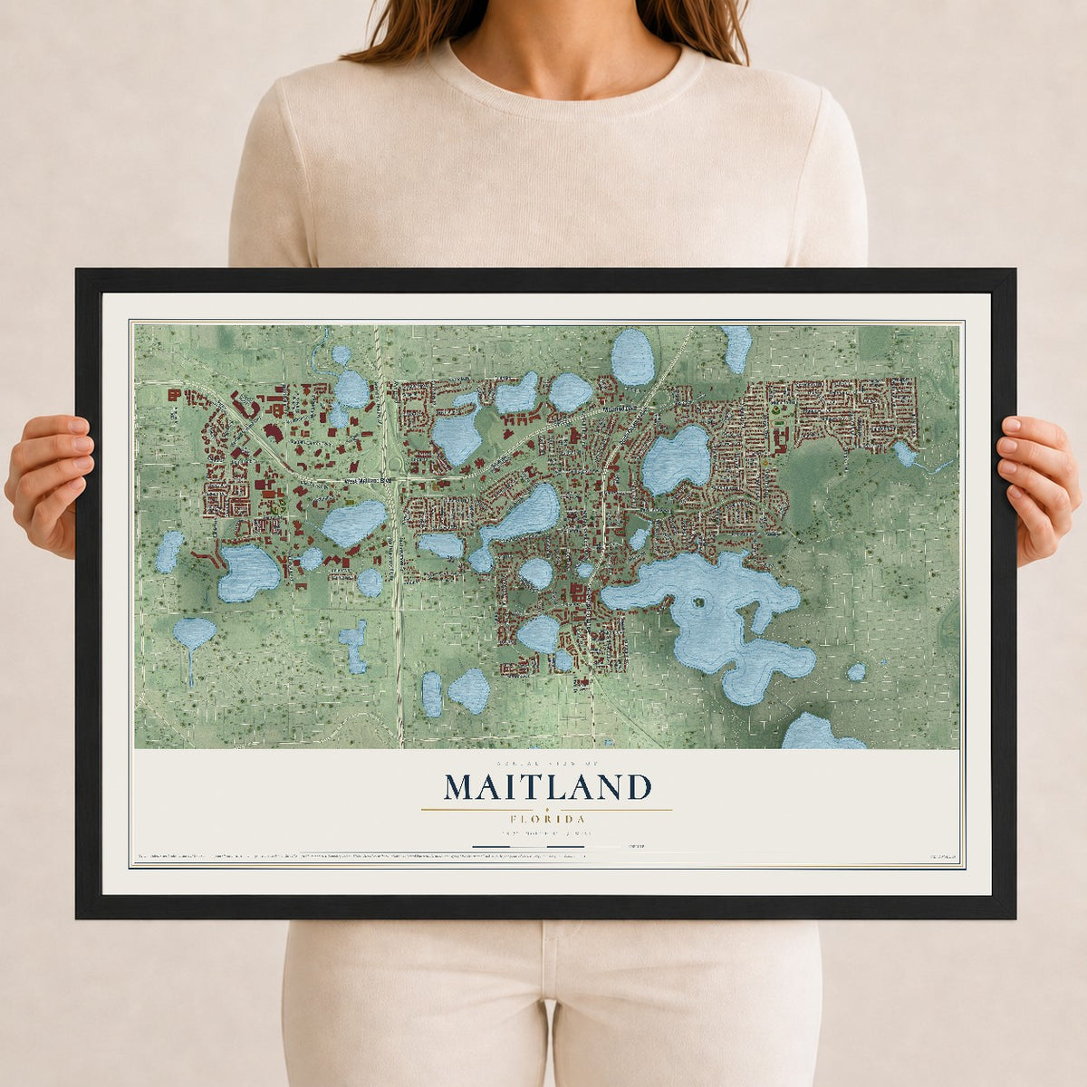 Maitland, Florida map print, 12" x 18" W/ Black Ayous Wood Frame mockup