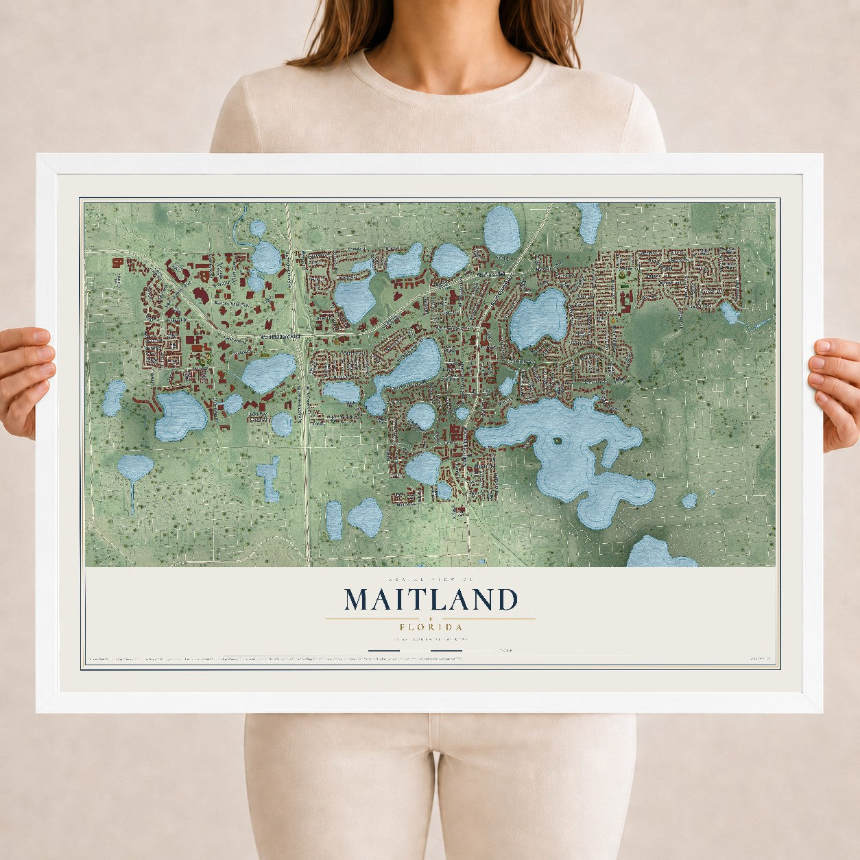 Maitland, Florida map print, 18" x 24" W/ White Ayous Wood Frame mockup