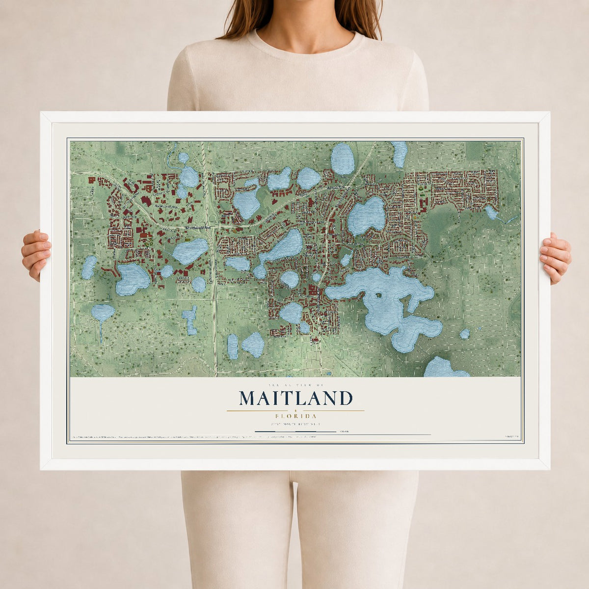 Maitland, Florida map print, 24" x 36" W/ White Ayous Wood Frame mockup