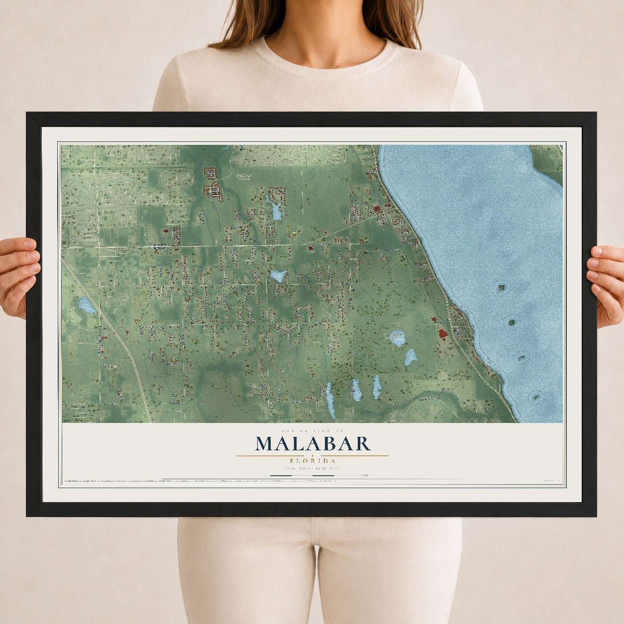 Malabar, Florida map print, 18" x 24" W/ Black Ayous Wood Frame mockup