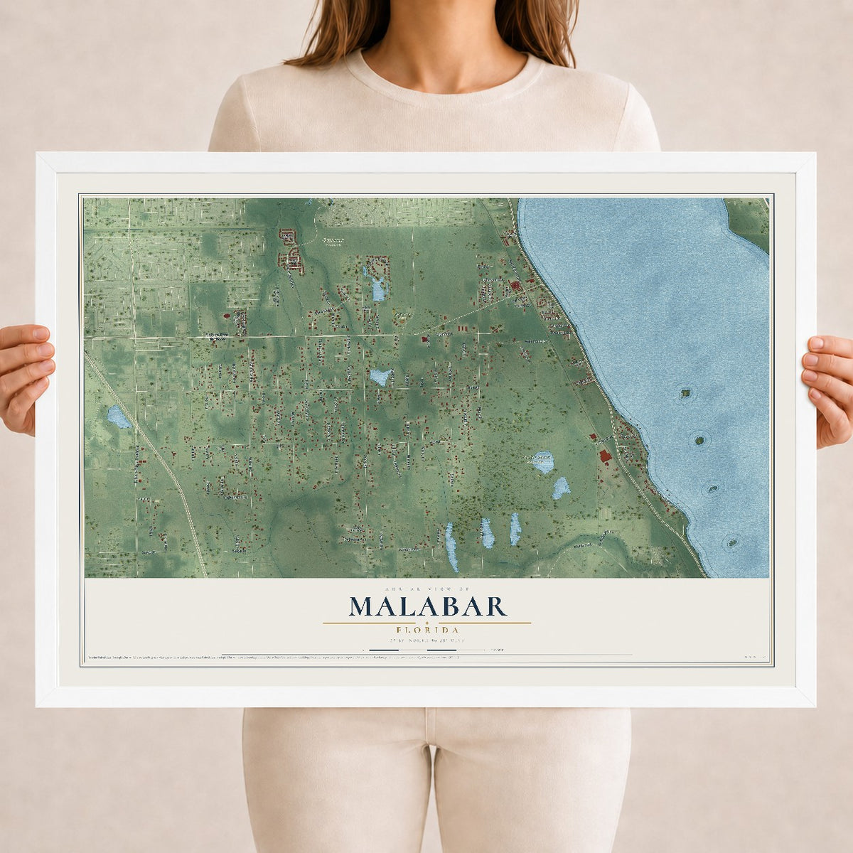 Malabar, Florida map print, 18" x 24" W/ White Ayous Wood Frame mockup