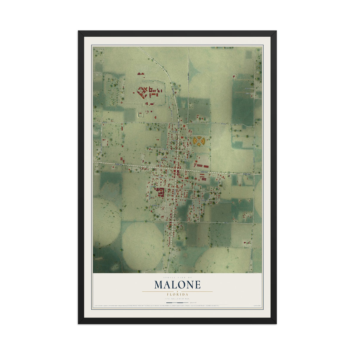 Malone, Florida map print, 12" x 18" W/ Black Ayous Wood Frame mockup