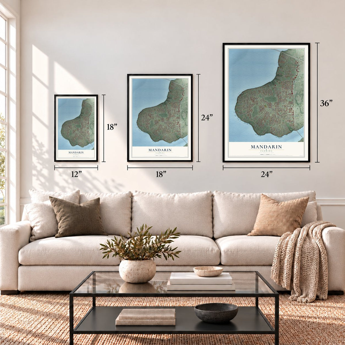Mandarin, Florida map in 12 x 18, 18 x 24 and 24 x 36 inch sizes above a sofa