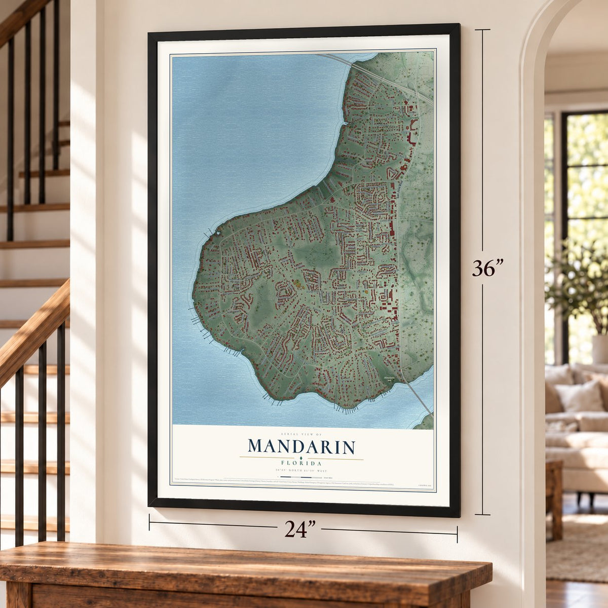 Mandarin, Florida map, 24 x 36 inch print in a black frame by a staircase