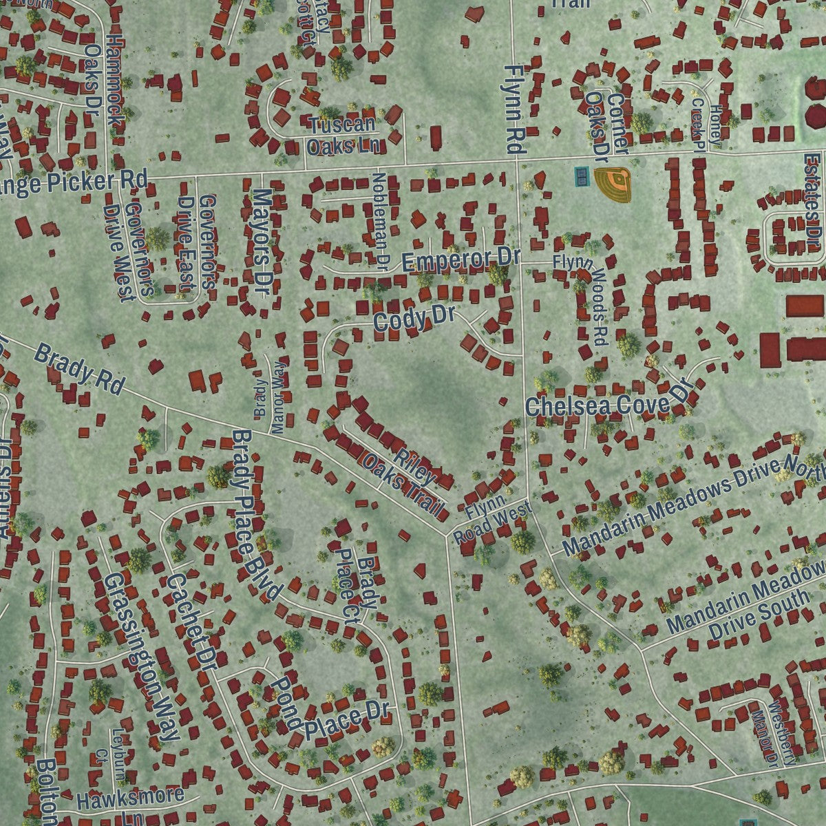 Close-up of the map of Mandarin, Florida print showing street and building detail