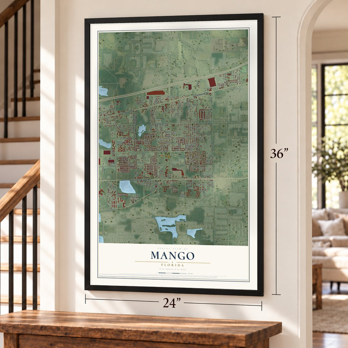 Mango, Florida map, 24 x 36 inch print in a black frame by a staircase