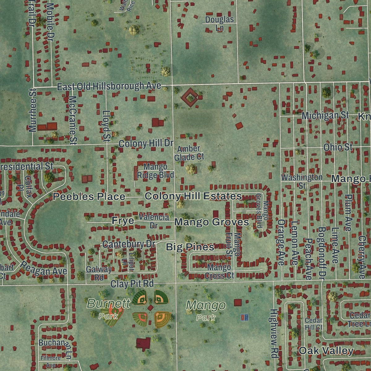 Close-up of the map of Mango, Florida print showing street and building detail
