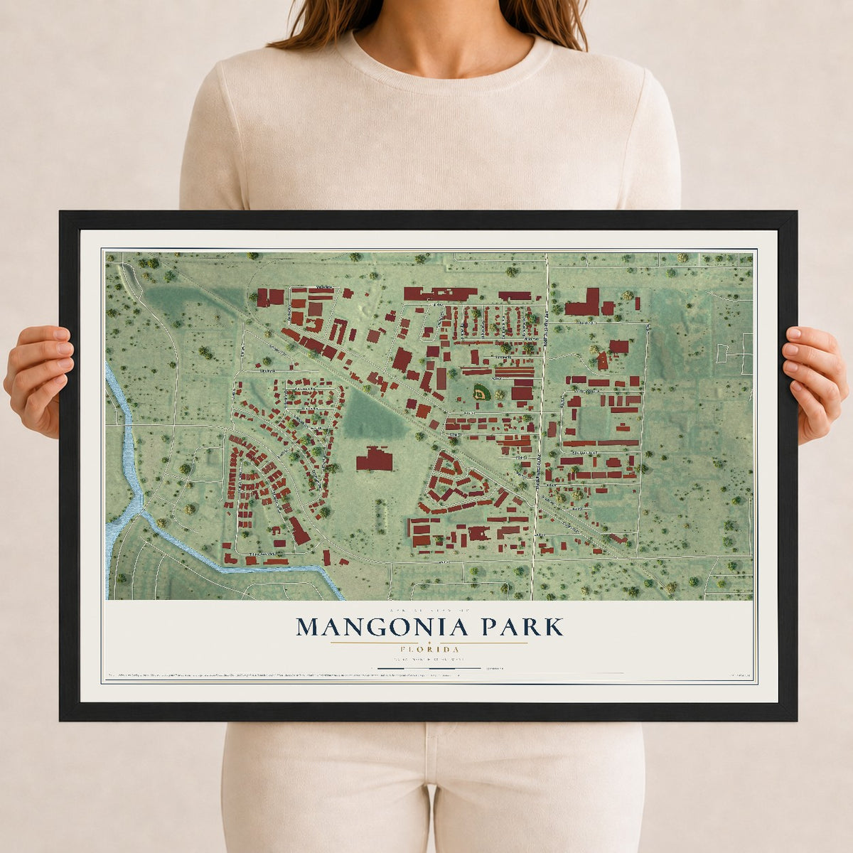 Mangonia Park, Florida map print, 12" x 18" W/ Black Ayous Wood Frame mockup