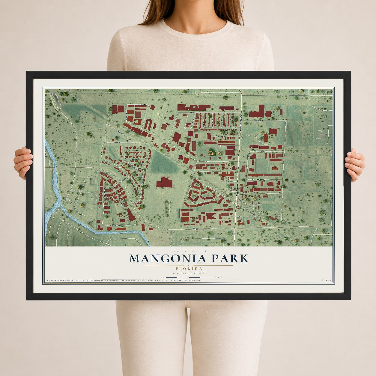 Mangonia Park, Florida map print, 24" x 36" W/ Black Ayous Wood Frame mockup