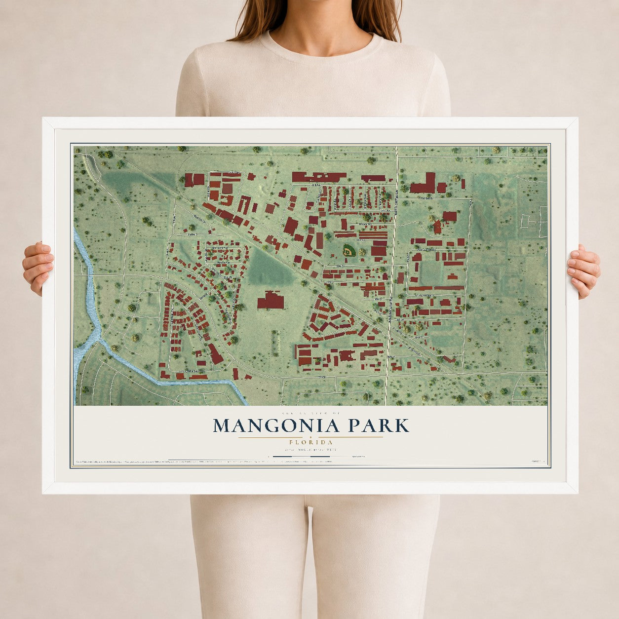 Mangonia Park, Florida map print, 24" x 36" W/ White Ayous Wood Frame mockup