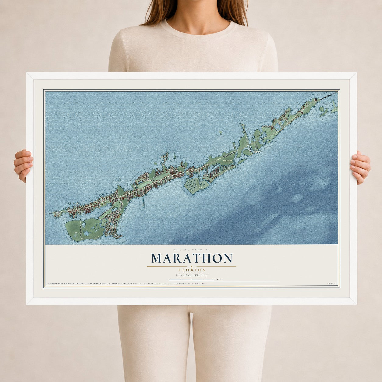 Marathon, Florida map print, 24" x 36" W/ White Ayous Wood Frame mockup