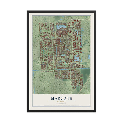 Map of Margate, Florida, 12 x 18 inch print in a black wood frame