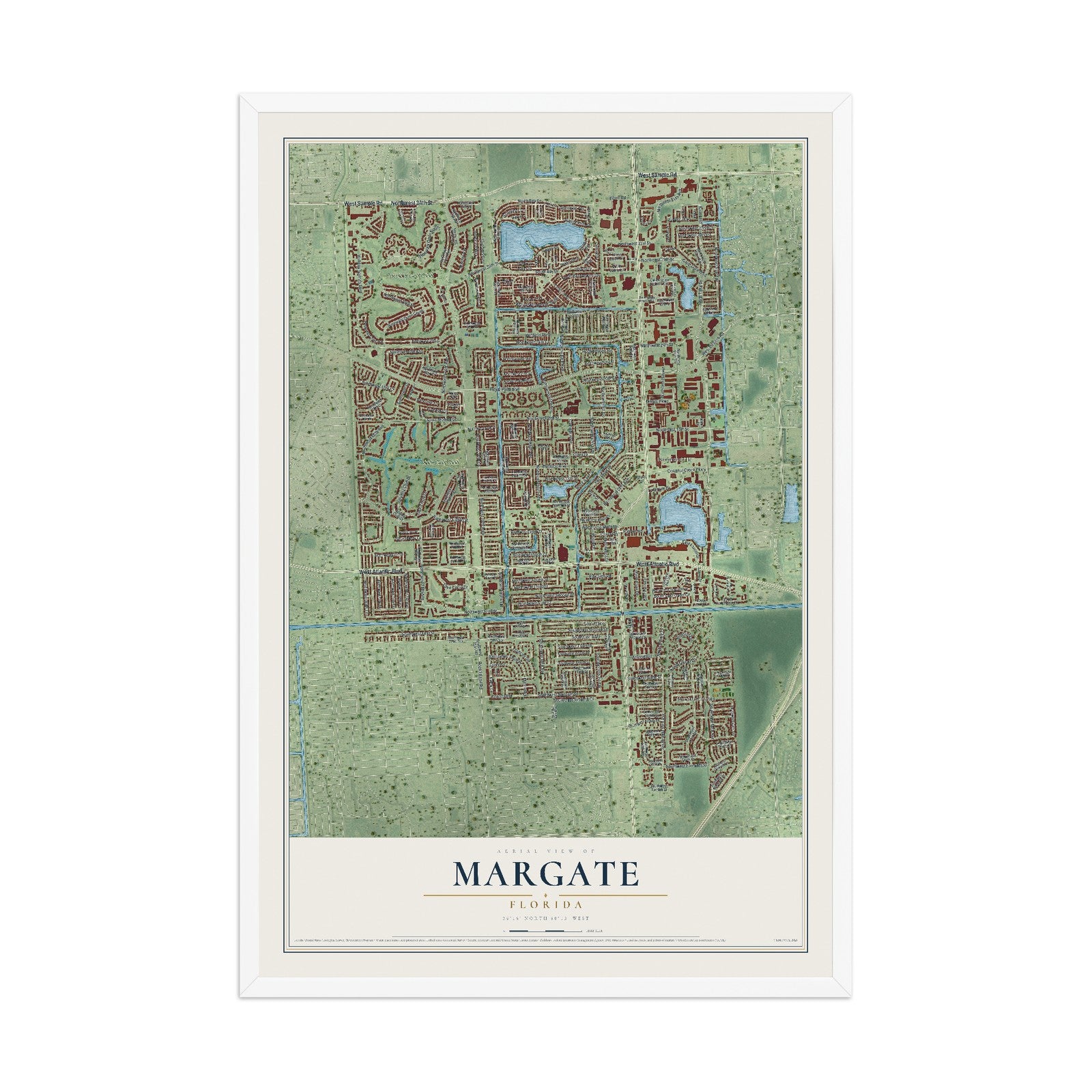 Margate, Florida map print, 12" x 18" W/ White Ayous Wood Frame mockup