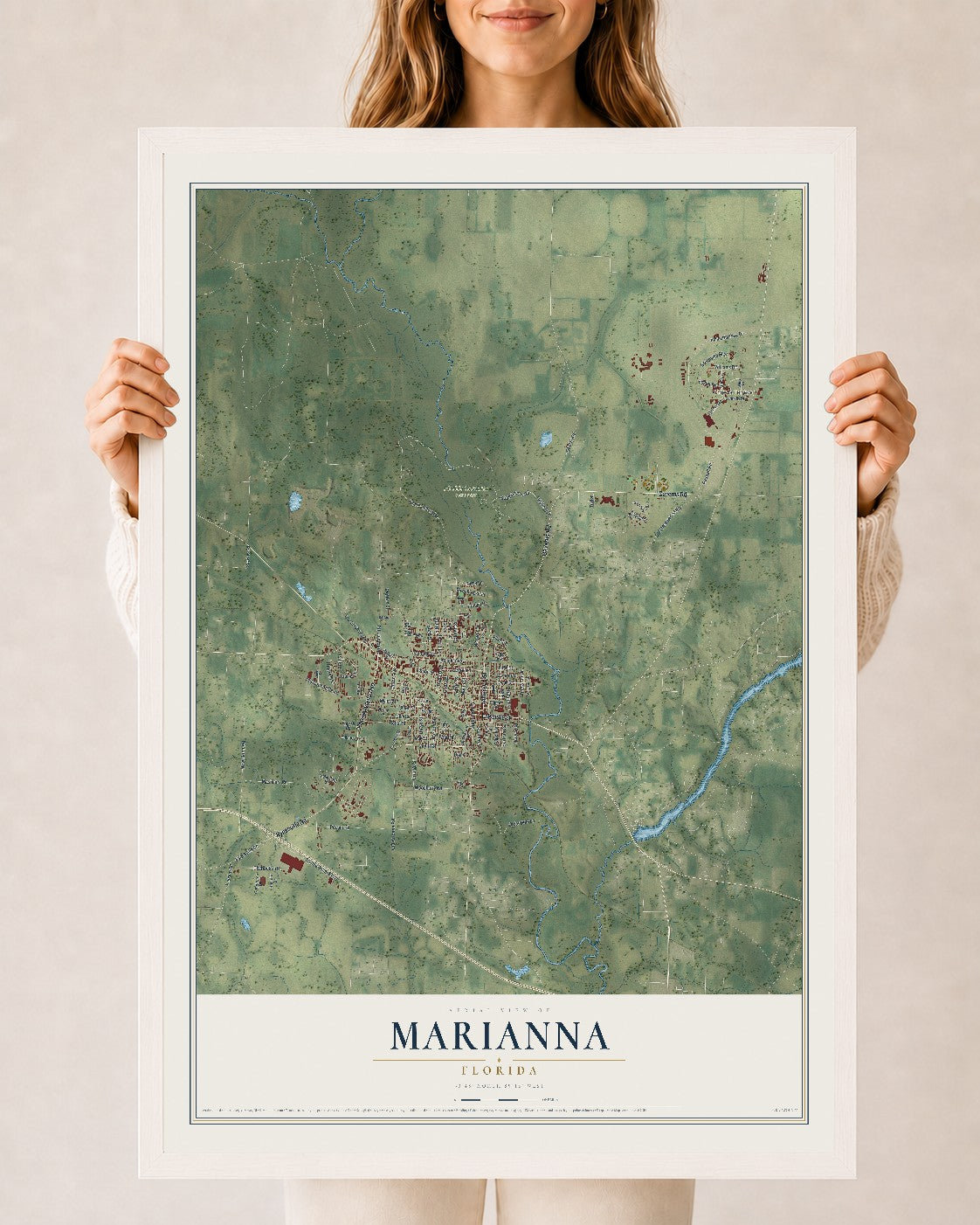 Marianna, Florida map print, 24" x 36" W/ White Ayous Wood Frame mockup