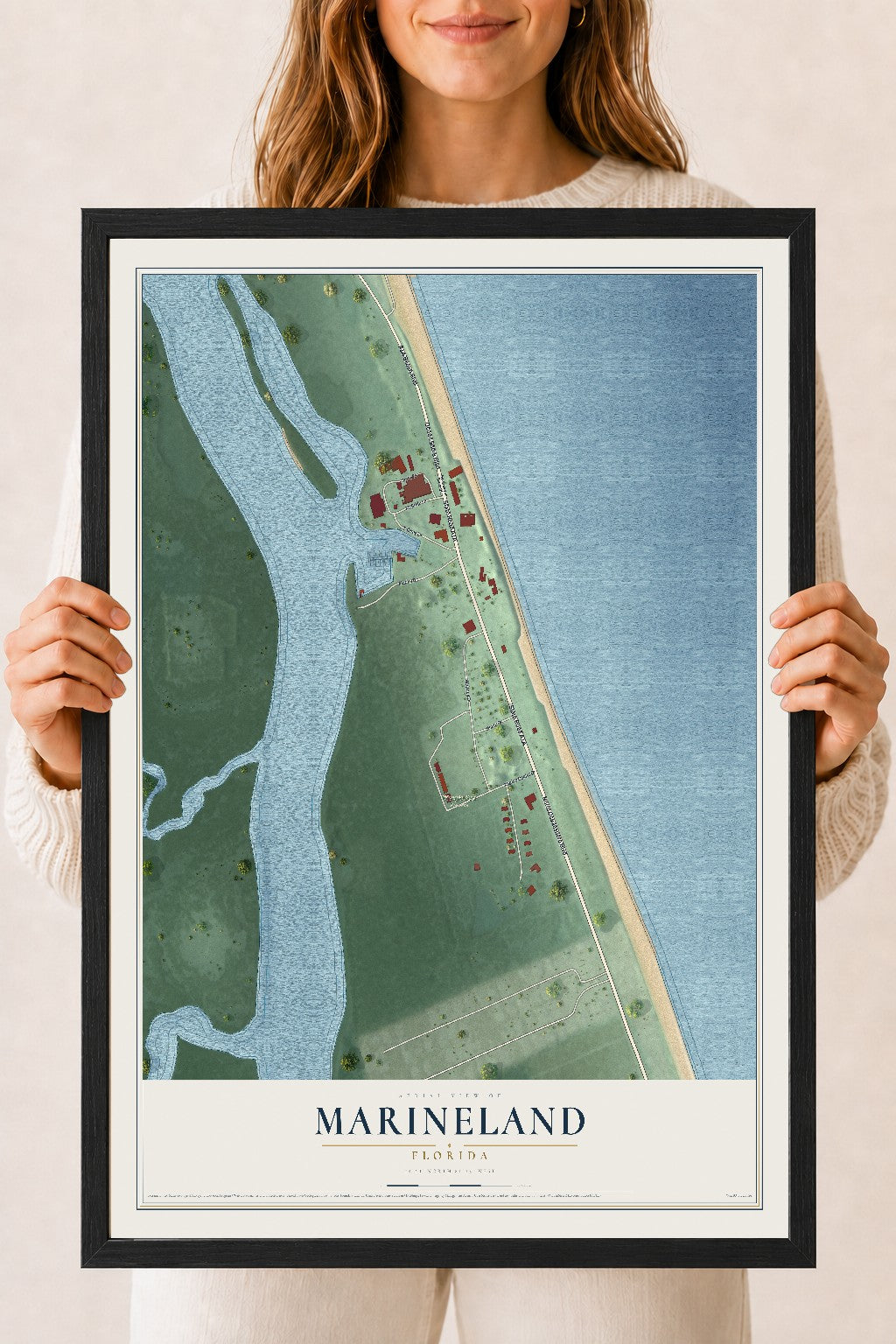 Marineland, Florida map print, 18" x 24" W/ Black Ayous Wood Frame mockup