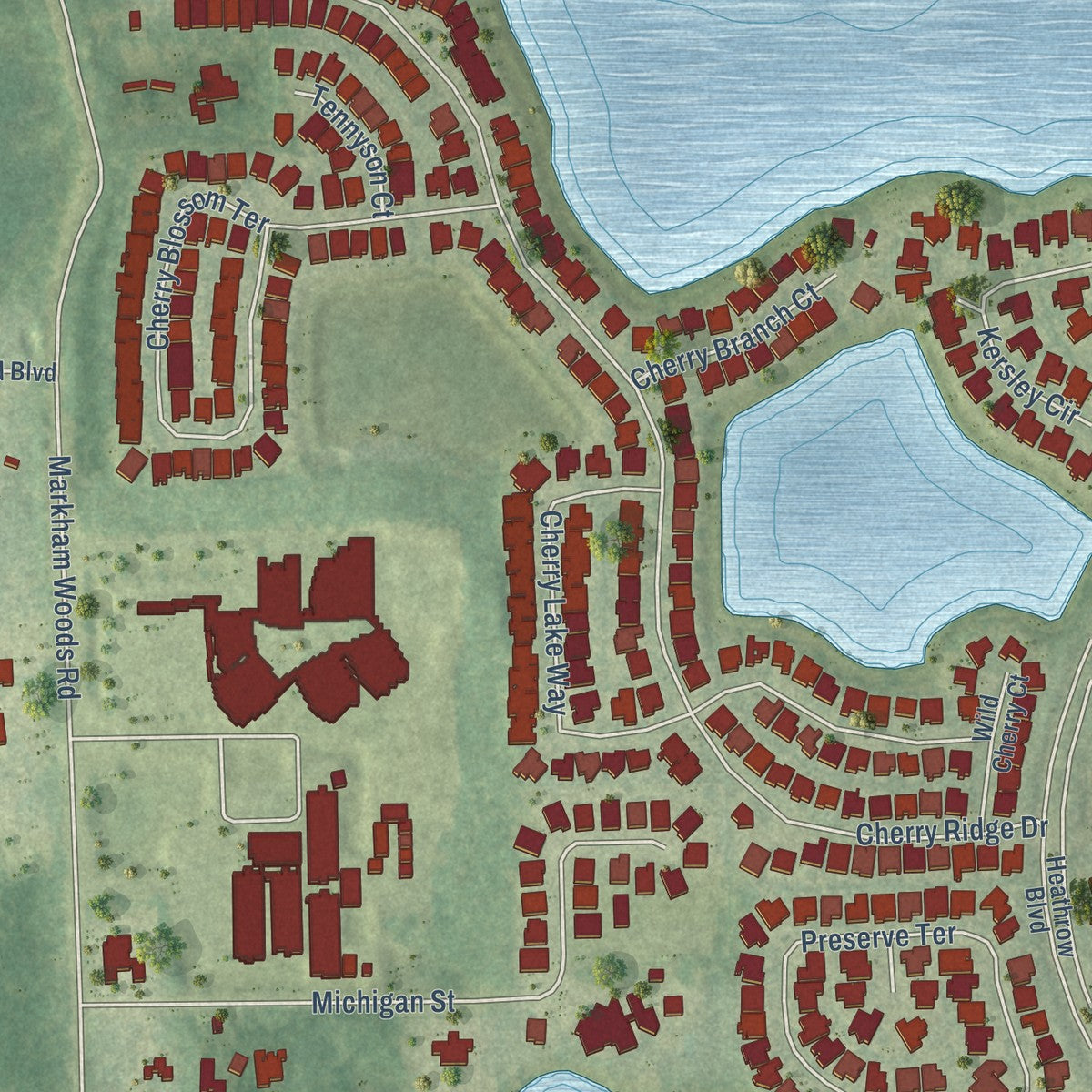 Close-up of the map of Markham, Florida print showing street and building detail