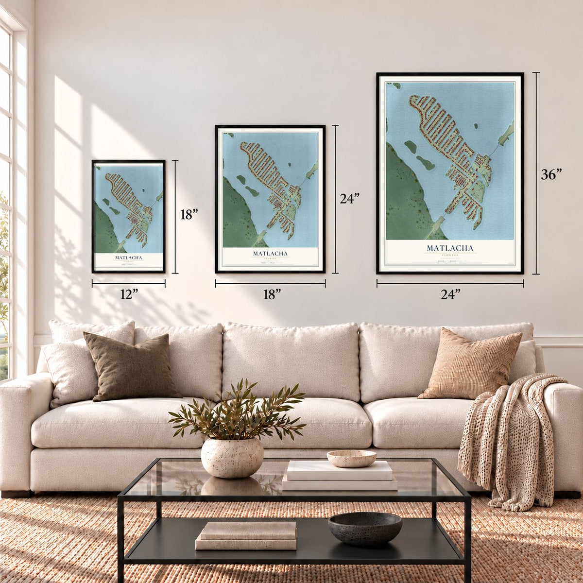 Matlacha, Florida map in 12 x 18, 18 x 24 and 24 x 36 inch sizes above a sofa