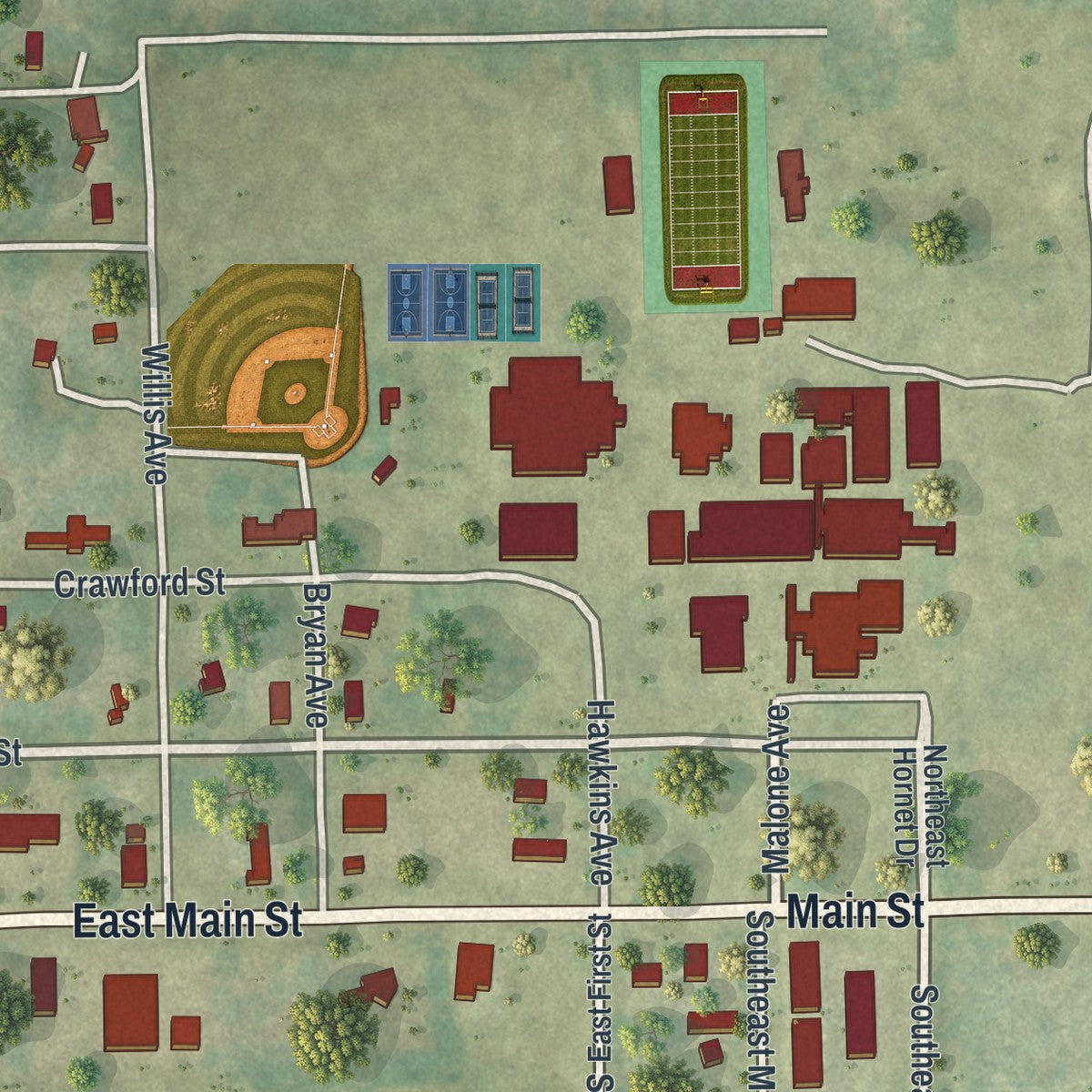 Close-up 2 of the Mayo, Florida map artwork